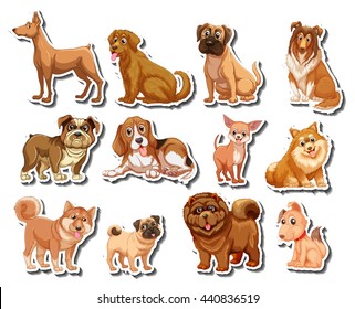 Stickers of different kind of dogs illustration