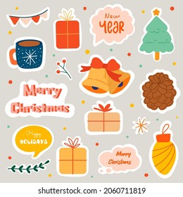 Stickers of different Merry Christmas attributes in vector. Set of Happy New Year stickers in cartoon style