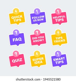 Stickers with different phrases set. Badges for blog and social media isolated on grey background. Vector illustration.