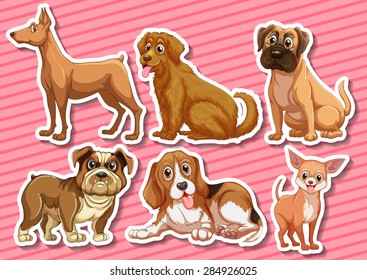 Stickers of different species of dogs on pink background