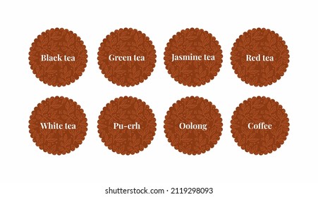 stickers for different types of tea black tea, green tea, oolong. labels for jars in the kitchen. tea storage in pantry