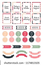 Stickers for Digital Planner. Vector Set of printable stickers for planner. Icons for scrapbooking, wrapping, notebook.