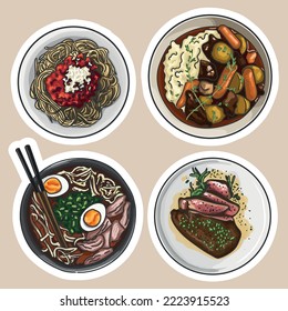 Cena de pegatinas. Ramen. Spaghetti. Carne. Tartar. Steak. Gráficos vectoriales