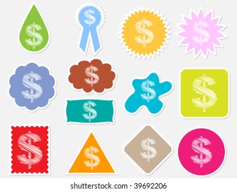 pegatinas con signo de dólar ilustración vectorial de forma diferente