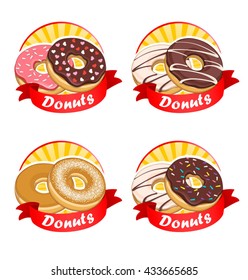 stickers donuts sweet round glaze bright vector illustration food on light background with red ribbon