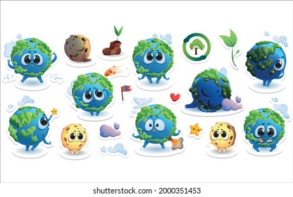 Stickers with Earth Moon cartoon characters stickers. Cute planet Earth Moon characters different poses isolated set cartoon funny planet satellite smile embrace sleep play Earth with volcano clouds.