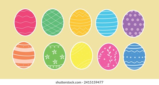 Stickers Easter eggs collection, hand drawn illustration, greeting card sign. Green, yellow, pink and blue eggs with ornaments. 