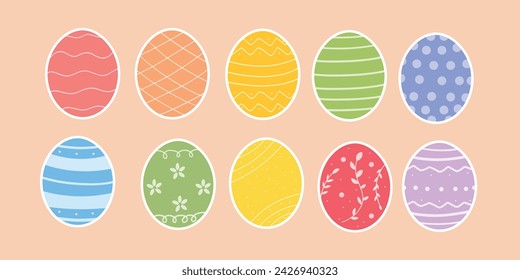 Colección de huevos de Pascua, ilustración dibujada a mano, signo de tarjeta de felicitación. Huevos verdes, amarillos, rojos y azules con adornos. 