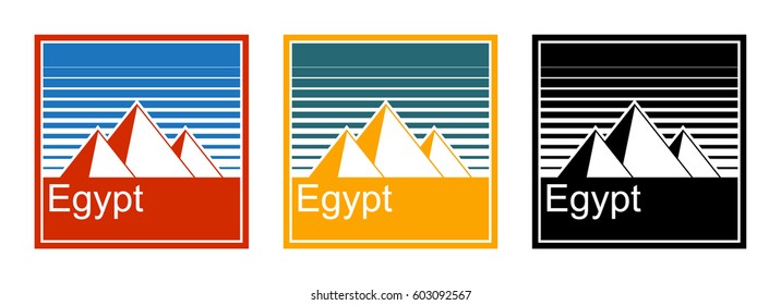 Stickers with Egyptian pyramids. Colored in retro style and black and white. Vector Image