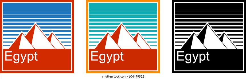 Stickers with Egyptian pyramids. Colored in retro style and black and white. Vector Image