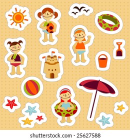 Stickers with elements of kids summer holidays, with toys, balls, gulls, sea star, sand castle, boats, save lifes, sun and ice cream