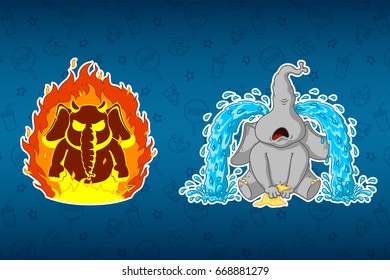 Stickers elephants. Angry, he's on fire. Sobs, big tears. Big set of stickers. Vector, cartoon