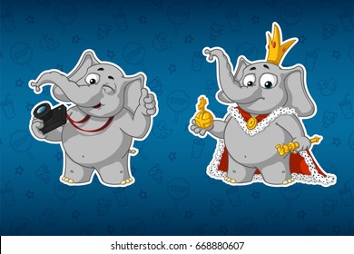 Stickers elephants. Photographer with a camera. King in the robes. Big set of stickers. Vector, cartoon.