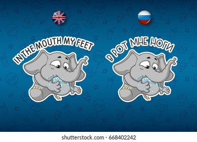 Stickers elephants. Put my paw in my mouth. Saying. Big set of stickers in English and Russian languages. Vector, cartoon