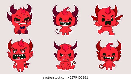 Stickers emoji emoticono emoción personajes felices dulce entidad infernal adorable demonio cuerno, espíritu malvado, desviado, fuerza impura	