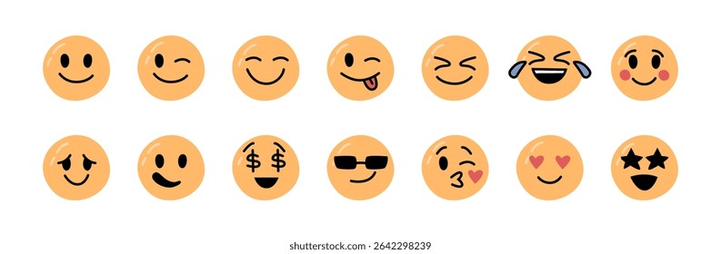 Stickers emotions face set. Vector isolated facial expression. Sticking out tongue and winking, happiness and laughter, joy and gladness feeling, in love and kiss