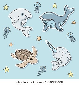 Stickers with endangered species of marine animals for children. Animal protection. Oceans Protection Day. Rare marine animals. Ecological theme. Blue whale, narwhal, Californian sea, sea turtle