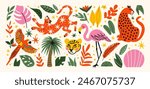 Stickers exotic tropical leaves, tigers, leopards and wild animals, birds, jungle plants, palm trees, monstera leaves and flowers. Set of vector jungle stickers in cartoon retro style