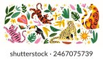 Stickers exotic tropical leaves, tigers, leopards and wild animals, birds, jungle plants, palm trees, monstera leaves and flowers. Set of vector jungle stickers in cartoon retro style