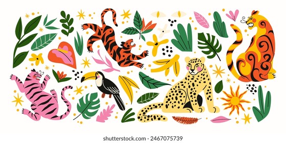 Stickers exotic tropical leaves, tigers, leopards and wild animals, birds, jungle plants, palm trees, monstera leaves and flowers. Set of vector jungle stickers in cartoon retro style