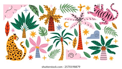 Stickers exotic tropical leaves, tigers, leopards and wild animals, birds, jungle plants, palm trees, monstera leaves and flowers. Set of vector jungle stickers in cartoon retro style