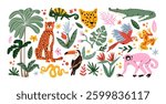 Stickers exotic tropical leaves and wild animals: tigers, leopards, birds, jungle plants, palm trees, monstera leaves and flowers. Set of vector jungle stickers in cartoon retro style