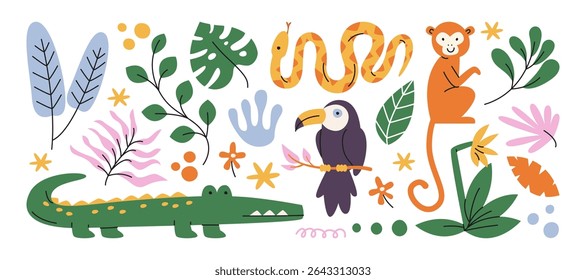 Stickers exotic tropical leaves and wild animals: tigers, leopards, birds, jungle plants, palm trees, monstera leaves and flowers. Set of vector jungle stickers in cartoon retro style