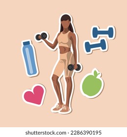 Stickers of faceless fitness African American woman in sportswear standing and doing a workout with dumbbells and fitness elements. Vector illustration