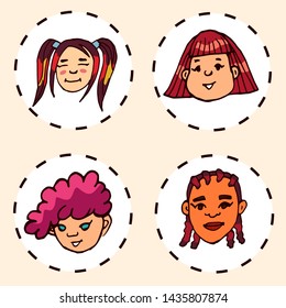 Stickers with faces. Faces of girls of different nationalities. Cartoon sketch.