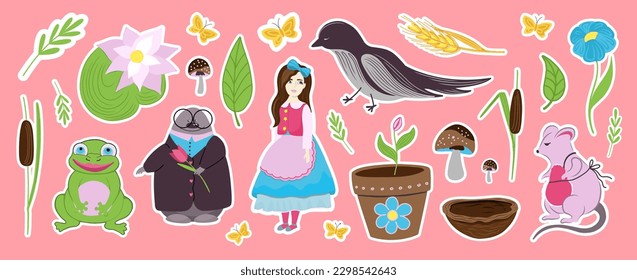 Stickers fairy tale Thumbelina. Vector cartoon of children's fairy tale