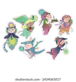 Stickers featuring funny children's animal costumes for masquerade. Flat design vector illustration.