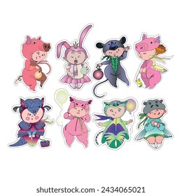 Stickers featuring funny children's animal costumes for masquerade. Flat design vector illustration.