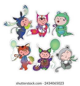 Stickers featuring funny children's animal costumes for masquerade. Flat design vector illustration.