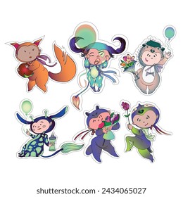 Stickers featuring funny children's animal costumes for masquerade. Flat design vector illustration.