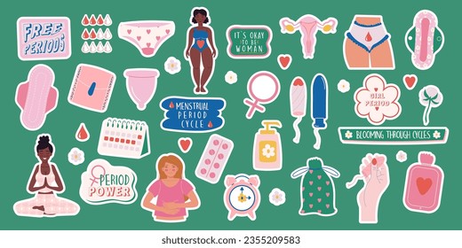 Stickers feminine hygiene products collection hand drawn style and lettering. Menstruation period woman. Female characters  and calendar