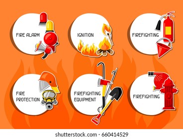 Stickers with firefighting items. Fire protection equipment.