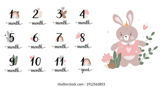 
stickers for the first year of a baby's life. from 1 month to 12 months. vector illustration with rabbit. cute stickers for kids. child control for parents