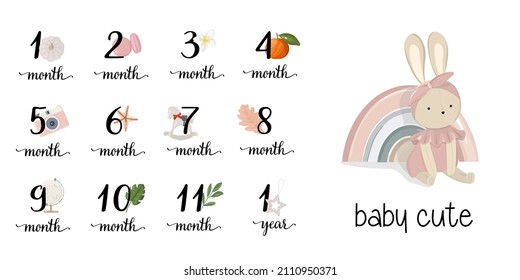 stickers for the first year of a baby's life from 1 month to 12 months. vector illustration with rabbit and rainbow. cute stickers for kids. child control for parents