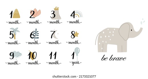 Stickers for the first year of a baby's life. from 1 month to 12 months. vector illustration with elephant. cute stickers for kids. child control for parents