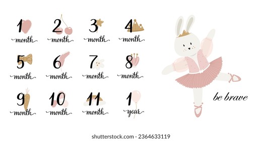 Stickers for the first year of a baby's life from 1 month to 12 months. Vector illustration with rabbit ballerina in a pink dress and pointe shoes. Cute kids stickers for child control for parents