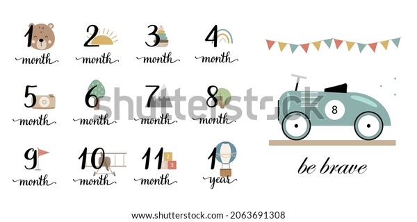 Stickers for the\
first year of a baby\'s life from 1 month to 12 months. Vector\
illustration with vintage toy, car, garland. Cute kids stickers for\
child control for\
parents