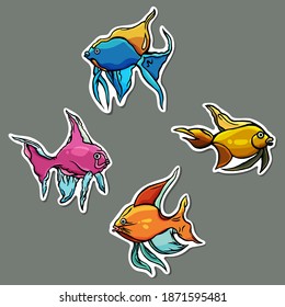 Stickers of fish, grey background, cartoon style, isolated, gold, blue, pink, underwater, outline, sea, aqua, ocean, aquarium, gift paper, print, fun, glue, cut, children, magazine, shop, typography