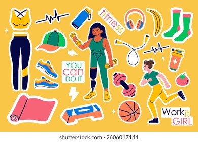 Stickers of fitness gym inventory elements, people doing sports, sport equipment. Woman with prosthesis.