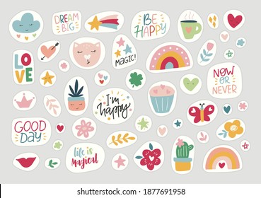 Stickers flat vector illustration. Trendy hand drawn rainbow collection, inspirational quotes, plants, leaves, cat. Cute set symbols of weekly or daily planner, to do list, diaries, organizer.