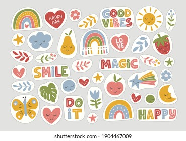 Stickers flat vector illustration. Trendy hand drawn rainbow, inspirational quotes, plant, sun, fruit. Set of symbols of weekly or daily planner, to do list, diaries, organizer.