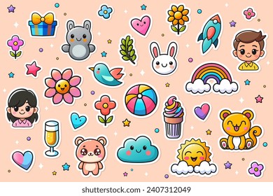 Stickers flat vector illustration. Trendy hand drawn rainbow collection, Cute set symbols of weekly or daily planner, diaries, plants, organizer. 