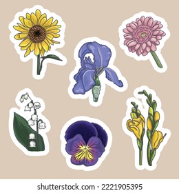Stickers flower. Iris. Sunflower. Chrysanthemum. Lily of the valley. Freesia. Pansy.