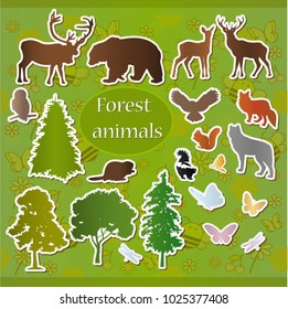 Stickers of forest animals on a green background