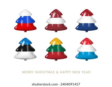 stickers in the form of a Christmas tree with flags of countries celebrating Christmas. Vector greeting illustration in the style of 3d cartoon.