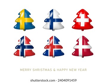 stickers in the form of a Christmas tree with flags of countries celebrating Christmas. Vector greeting illustration in the style of 3d cartoon.